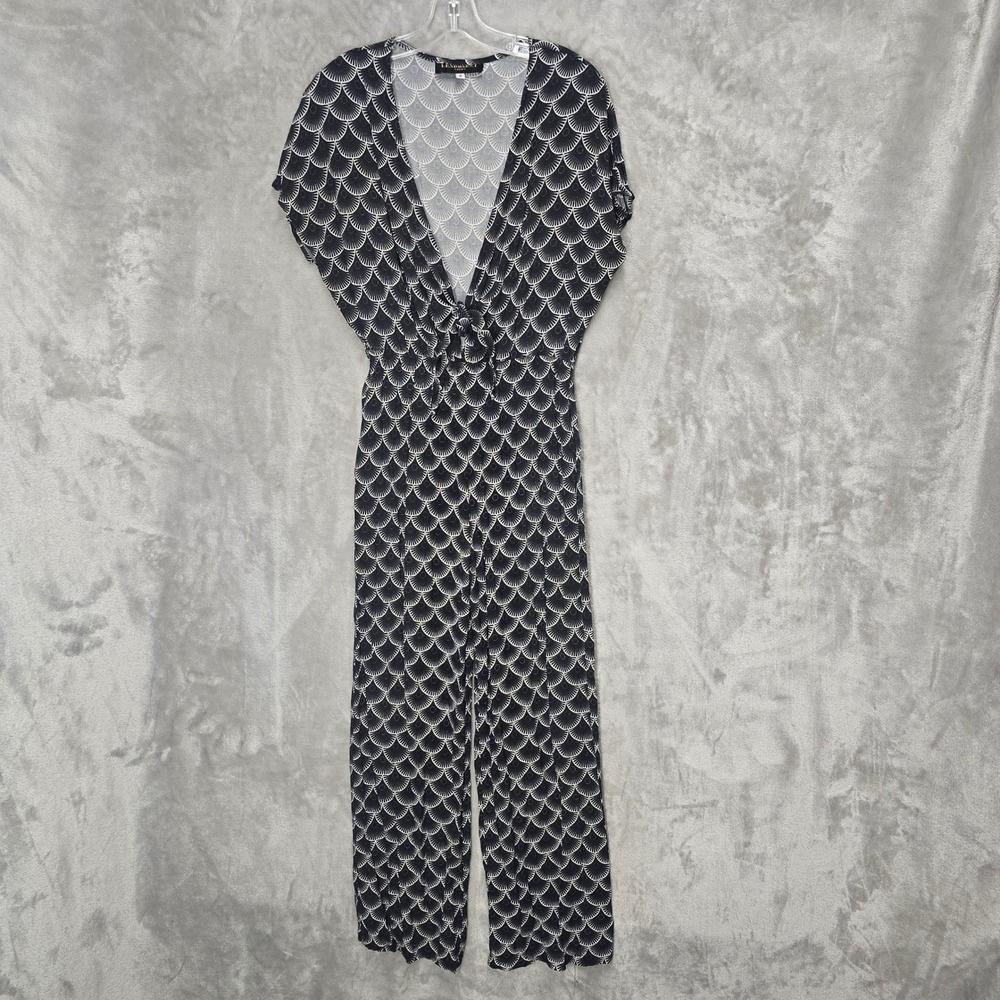 Lexbreezy Hawaii Jumpsuit Women S Black White Scallop Print Wide Leg V-Neck Chic